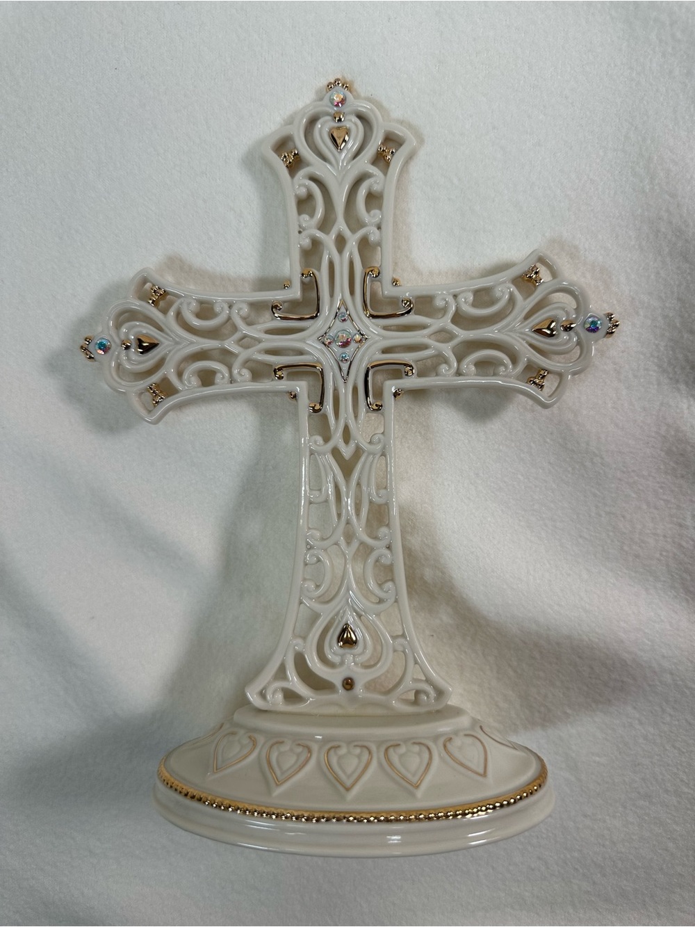 NWT Lenox Cream Ceramic “Eternal Love” Cross with Gold Trim and Crystal Accents